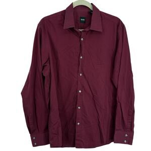 Hugo Boss Lex Button Up Shirt Mens Size Large Burgundy Cotton Long Sleeve